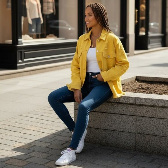 Urban Chic‎ Yellow Distressed Oversized Cotton Blend Denim Jacket Streetwear Lg - Picture 3 of 10